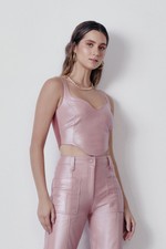 Blusa de Couro Cropped Silk Rosé Decote Arredondado