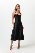 Vestido de Couro Midi com decote Preto 