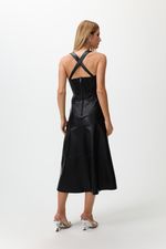Vestido de Couro Midi com decote Preto 