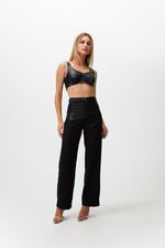 Calça de Tricoline com Cintura de Couro Preta 