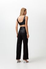 Calça de Tricoline com Cintura de Couro Preta 