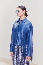 Camisa de Couro Azul Marinho com Franjas