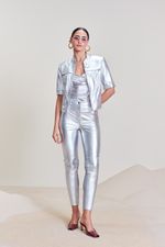 Calça de Couro Skinny Cintura Alta Prata