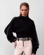 Blusa de Tricot Preto com Detalhes em Couro