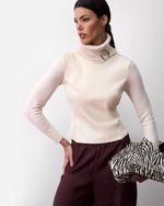 Blusa de Tricot Gola Alta com Couro Off White