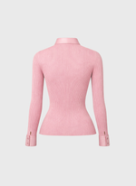 Blusa Tricot Canelada com Detalhes em Couro Rosa