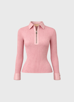 Blusa Tricot Canelada com Detalhes em Couro Rosa