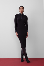 Vestido de Tricot Midi Canelado com Detalhes em Couro Preto