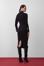 Vestido de Tricot Midi Canelado com Detalhes em Couro Preto