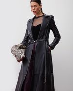Trench Coat de Couro com Cinto Preto