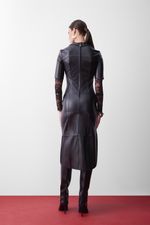 Vestido de Couro Midi com Drapeado Frontal Preto