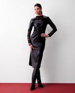 Vestido de Couro Midi com Drapeado Frontal Preto
