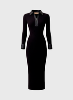 Vestido de Tricot Midi Canelado com Detalhes em Couro Preto