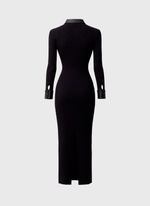 Vestido de Tricot Midi Canelado com Detalhes em Couro Preto