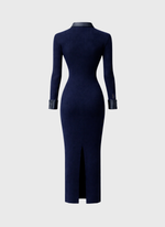 Vestido de Tricot Midi Canelado com Detalhes em Couro Azul Marinho