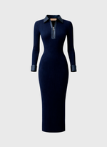 Vestido de Tricot Midi Canelado com Detalhes em Couro Azul Marinho
