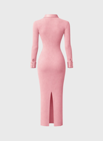 Vestido de Tricot Midi Canelado com Detalhes em Couro Rosa