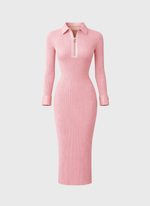Vestido de Tricot Midi Canelado com Detalhes em Couro Rosa