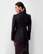 Blazer de Lã Xadrez com Recortes em Couro Chumbo Vinil