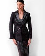 Blazer de Lã Xadrez com Recortes em Couro Chumbo Vinil