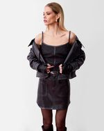 Blusa Regata de Lã Xadrez com Detalhes em Couro Chumbo Vinil