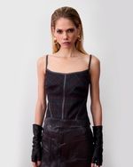 Blusa Regata de Lã Xadrez com Detalhes em Couro Chumbo Vinil