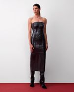 Vestido Midi Ombros a Mostra de Couro Chumbo Vinil