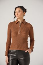 Blusa Tricot Canelada com Detalhes em Couro Marrom