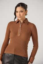 Blusa Tricot Canelada com Detalhes em Couro Marrom