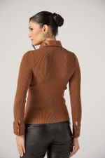 Blusa Tricot Canelada com Detalhes em Couro Marrom