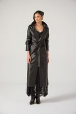 Trench Coat de Couro com Pele Natural Removível Verde Escura
