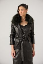 Trench Coat de Couro com Pele Natural Removível Verde Escura