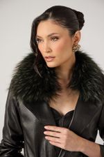 Trench Coat de Couro com Pele Natural Removível Verde Escura