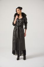 Trench Coat de Couro com Pele Natural Removível Verde Escura