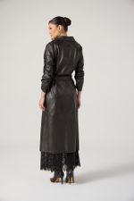 Trench Coat de Couro com Pele Natural Removível Verde Escura