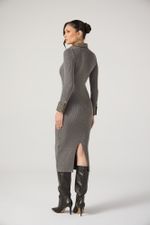 Vestido de Tricot Midi Canelado com Detalhes em Couro Cinza