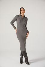 Vestido de Tricot Midi Canelado com Detalhes em Couro Cinza