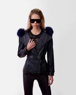 Blazer de Couro com Pele Natural Azul Marinho Italiano 