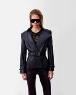 Blazer de Couro com Pele Natural Azul Marinho Italiano 