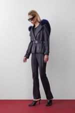 Blazer de Couro com Pele Natural Azul Marinho Italiano 