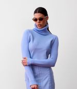 Blusa de Tricot com Gola Alta e Frente em Couro Azul Claro