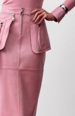 Saia de Couro Midi com Bolsos Frontais Rosa