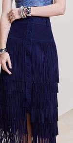  Saia de Couro Chamois Midi Azul Marinho com Franjas