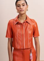 Camisa de Couro Laranja com Viés Rosa Claro