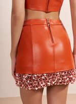 Mini Saia de Couro Laranja com Barrado de Flores