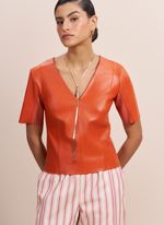 Blusa de Couro de Manga Curta Laranja