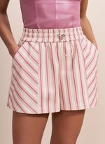Shorts de Couro Listrado Rosa e Off-white com Elástico