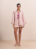 Shorts de Couro Listrado Rosa e Off-white com Elástico