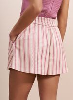 Shorts de Couro Listrado Rosa e Off-white com Elástico