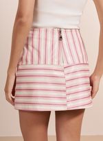 Mini Saia de Couro Listrado Rosa e Off-white com Recortes